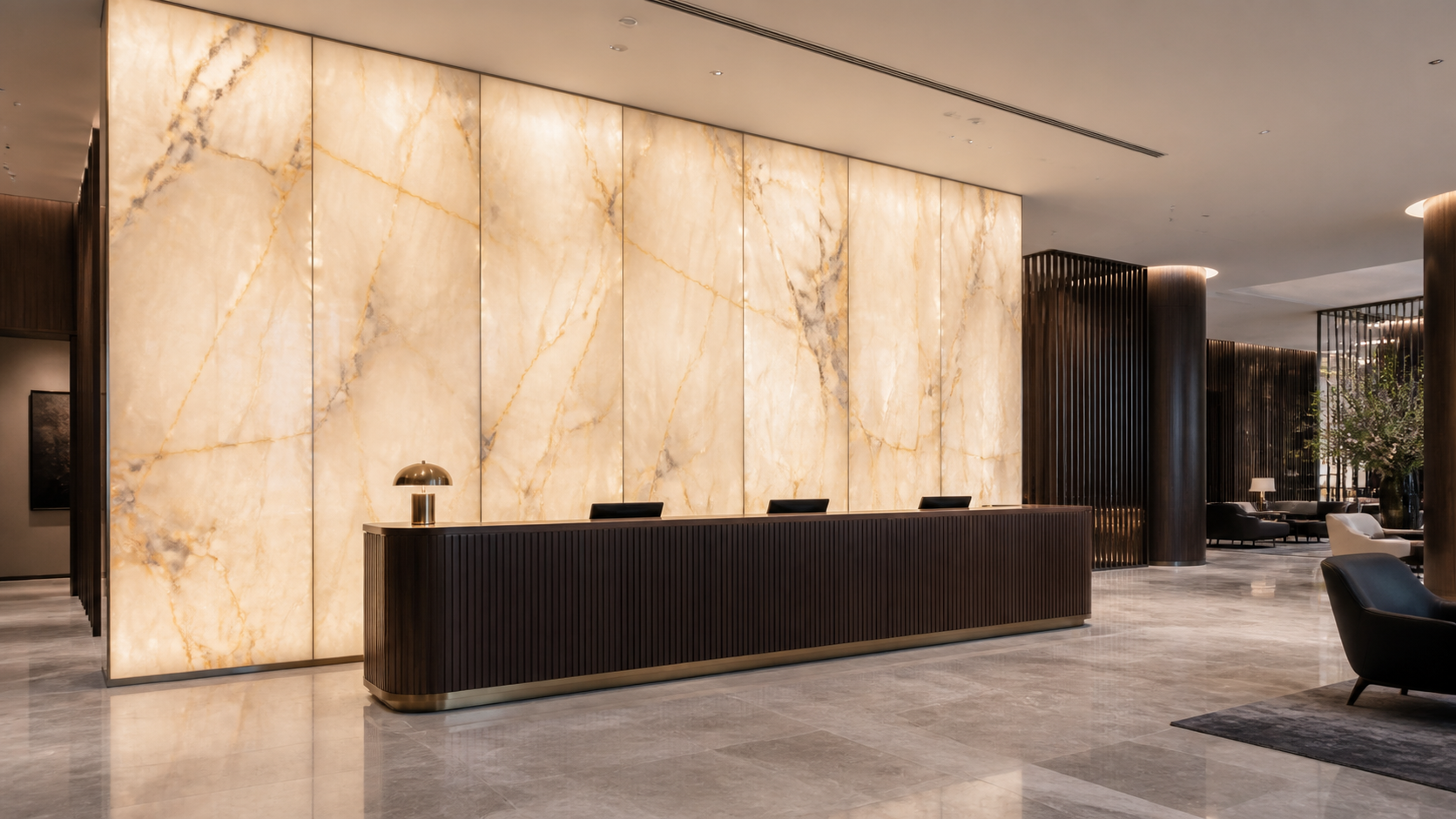 Backlit translucent marble wall in a hotel lobby