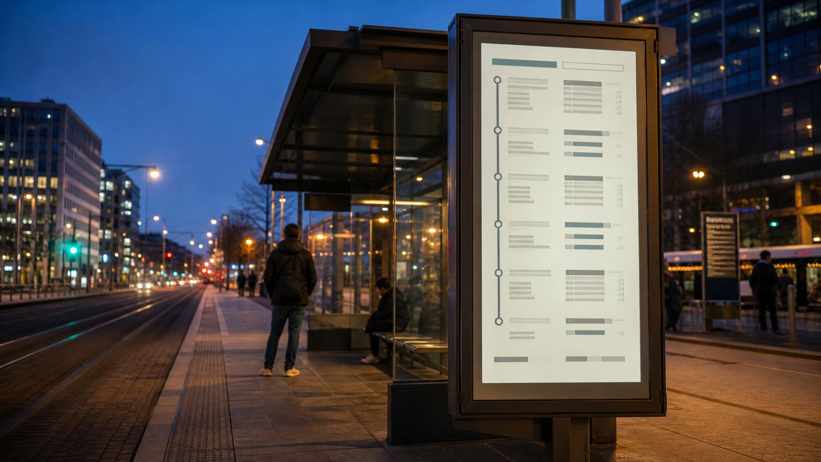 A smart bus stop display using a front light to keep public information readable at night